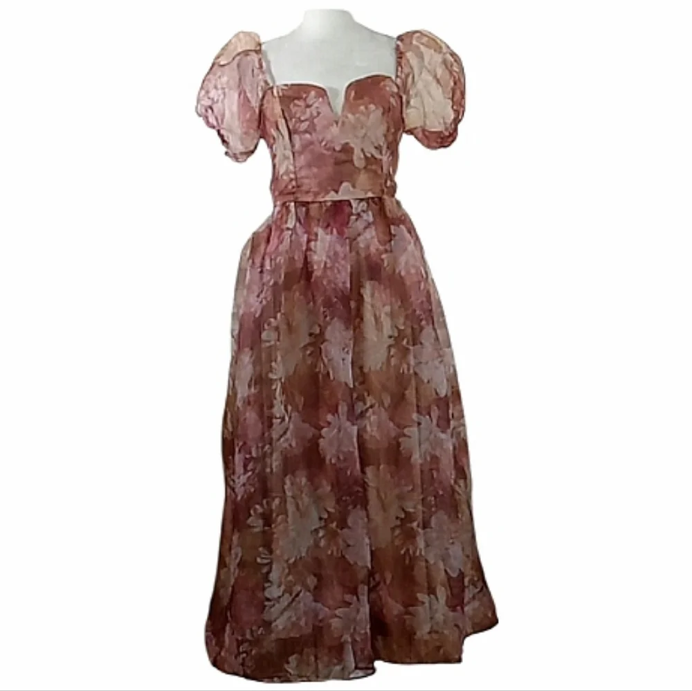 Lulus Lovely Statement Floral Organza Tie Back Puff Sleeve Midi Dress Size Small